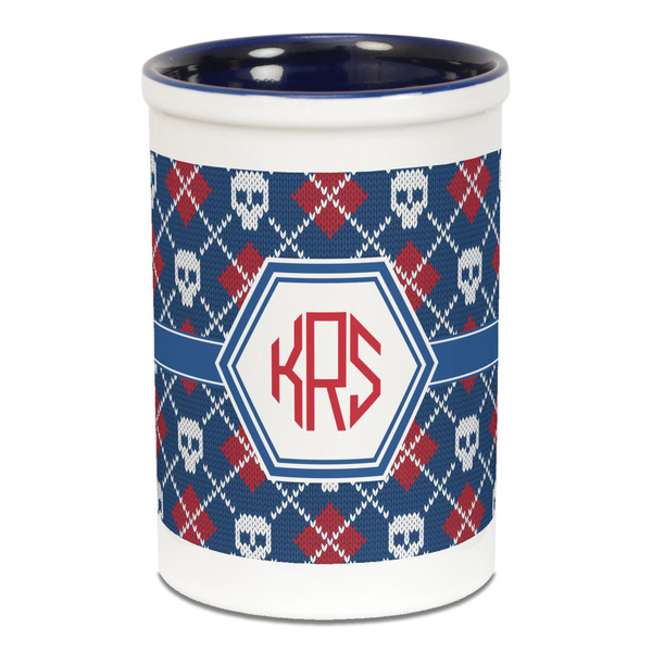Knitted Argyle & Skulls Pencil Holder - Blue