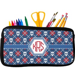 Knitted Argyle & Skulls Neoprene Pencil Case - Small w/ Monogram