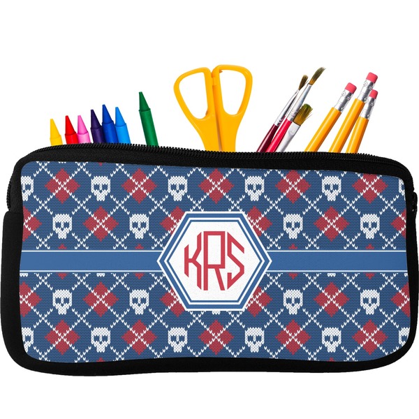 Custom Knitted Argyle & Skulls Neoprene Pencil Case - Small w/ Monogram