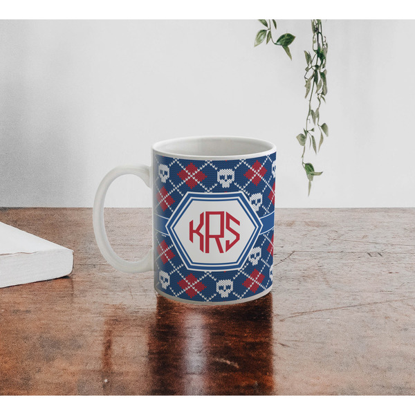 Knitted Argyle & Skulls Personalized Coffee Mug - Lifestyle