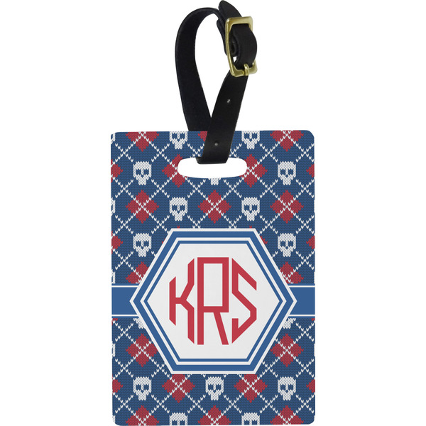 Custom Knitted Argyle & Skulls Plastic Luggage Tag - Rectangular w/ Monogram