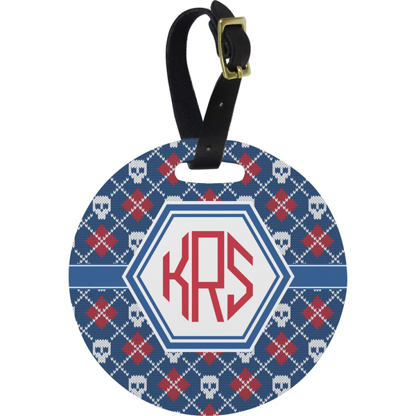 Custom Knitted Argyle & Skulls Plastic Luggage Tag - Round (Personalized)