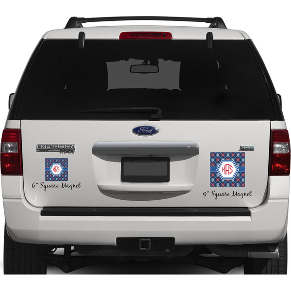 Knitted Argyle & Skulls Personalized Square Car Magnets on Ford Explorer