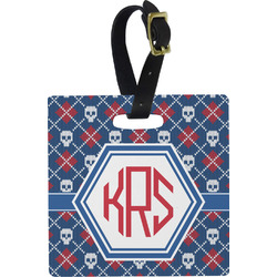 Knitted Argyle & Skulls Plastic Luggage Tag - Square w/ Monogram