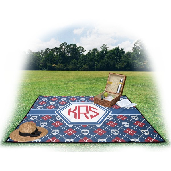 Knitted Argyle & Skulls Picnic Blanket - with Basket Hat and Book - in Use