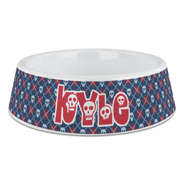 Custom Knitted Argyle & Skulls Plastic Dog Bowl - Large (Personalized)