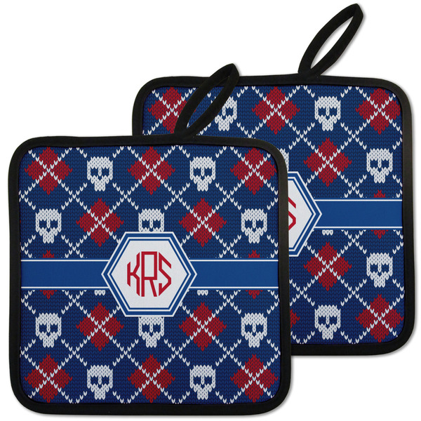 Custom Knitted Argyle & Skulls Pot Holders - Set of 2 w/ Monogram