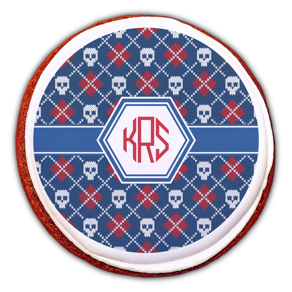 Knitted Argyle & Skulls Printed Icing Circle - Large - On Cookie