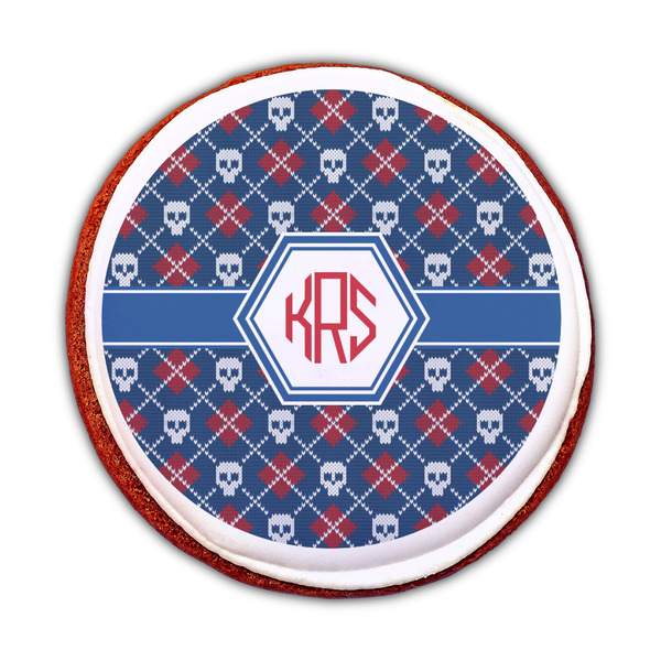 Knitted Argyle & Skulls Printed Icing Circle - Medium - On Cookie