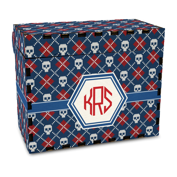Custom Knitted Argyle & Skulls Wood Recipe Box - Full Color Print (Personalized)