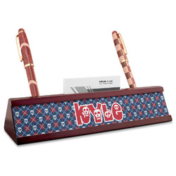 Knitted Argyle & Skulls Red Mahogany Nameplate with Business Card Holder (Personalized)
