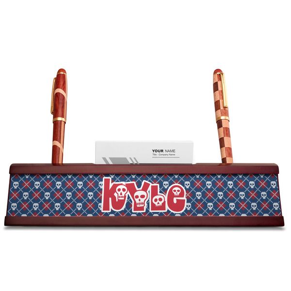 Knitted Argyle & Skulls Red Mahogany Nameplates with Business Card Holder - Straight