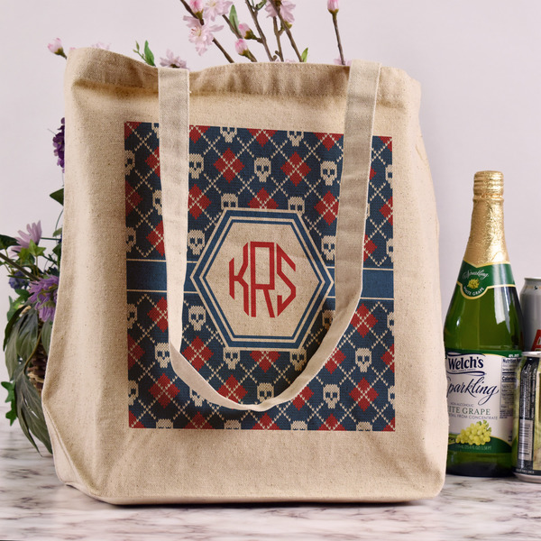 Knitted Argyle & Skulls Reusable Cotton Grocery Bag - In Context