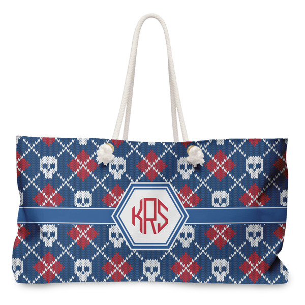 Custom Knitted Argyle & Skulls Large Tote Bag with Rope Handles (Personalized)