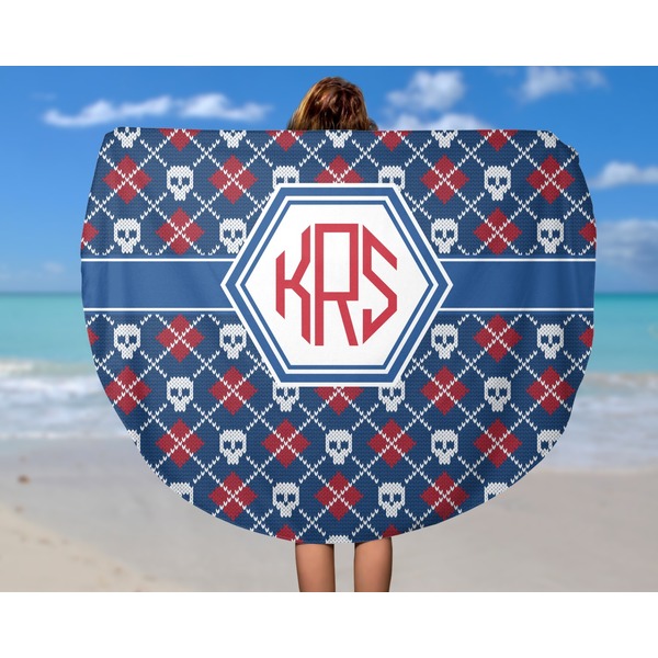Knitted Argyle & Skulls Round Beach Towel - In Use
