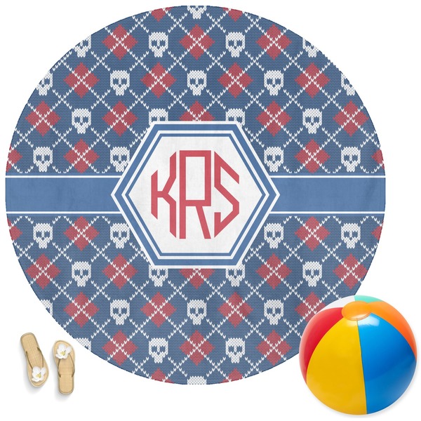 Custom Knitted Argyle & Skulls Round Beach Towel (Personalized)