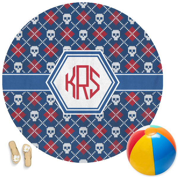 Custom Knitted Argyle & Skulls Round Beach Towel (Personalized)