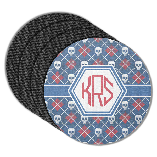 Custom Knitted Argyle & Skulls Round Rubber Backed Coasters - Set of 4 (Personalized)