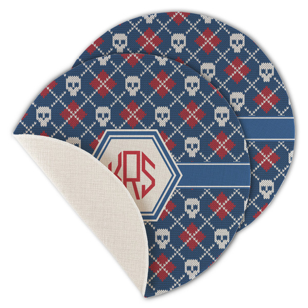 Custom Knitted Argyle & Skulls Round Linen Placemat - Single Sided - Set of 4 (Personalized)