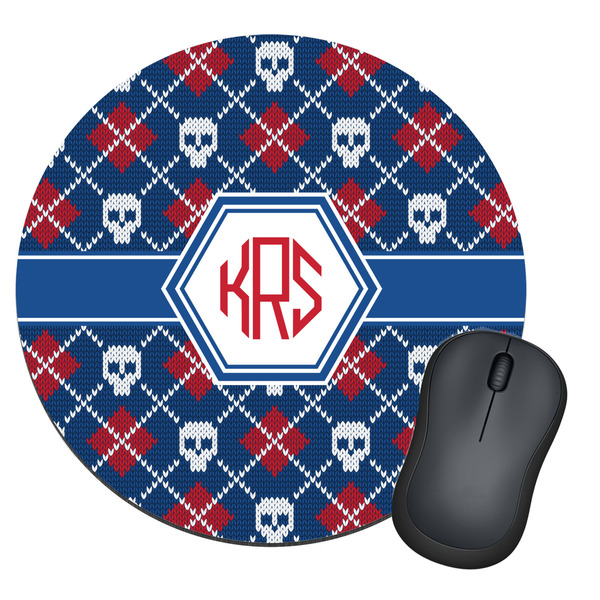 Custom Knitted Argyle & Skulls Round Mouse Pad (Personalized)