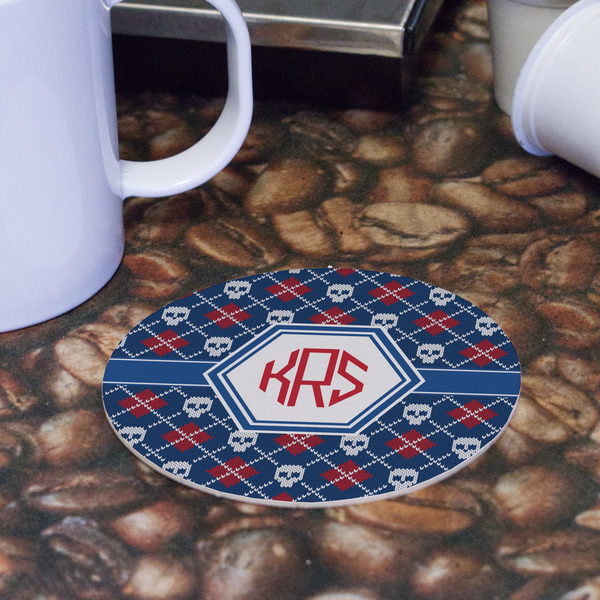 Knitted Argyle & Skulls Round Paper Coaster - Front