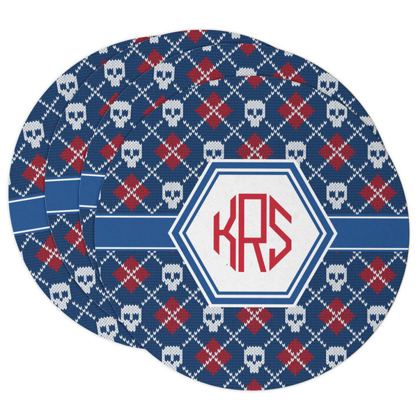 Custom Knitted Argyle & Skulls Round Paper Coasters w/ Monograms