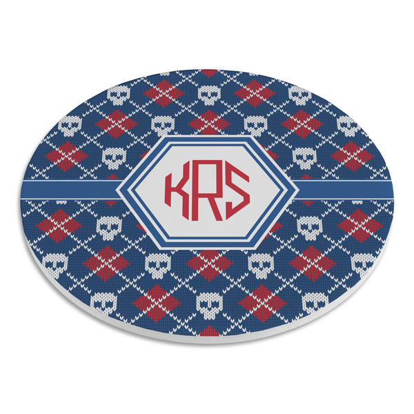 Knitted Argyle & Skulls Round Stone Trivet - Angle View