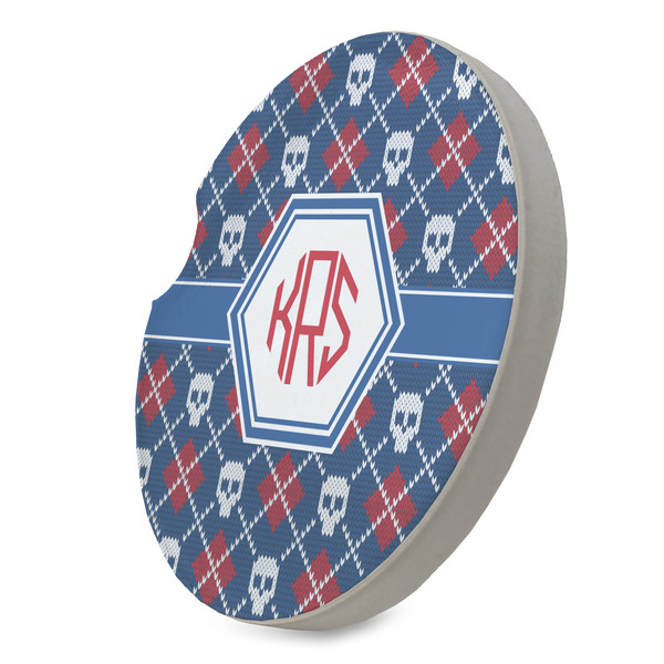 Knitted Argyle & Skulls Sandstone Car Coaster - STANDING ANGLE