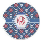 Knitted Argyle & Skulls Sandstone Car Coaster - Single (Personalized)