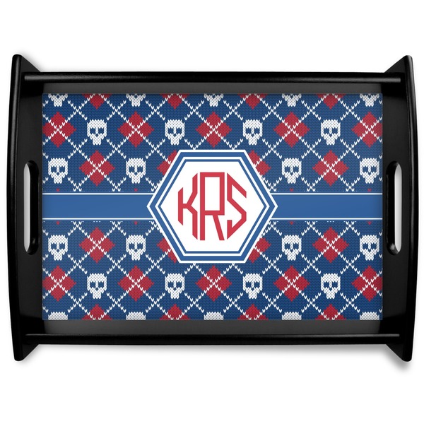 Custom Knitted Argyle & Skulls Black Wooden Tray - Large (Personalized)