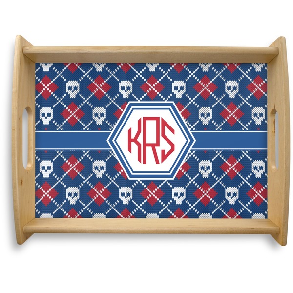 Custom Knitted Argyle & Skulls Natural Wooden Tray - Large (Personalized)