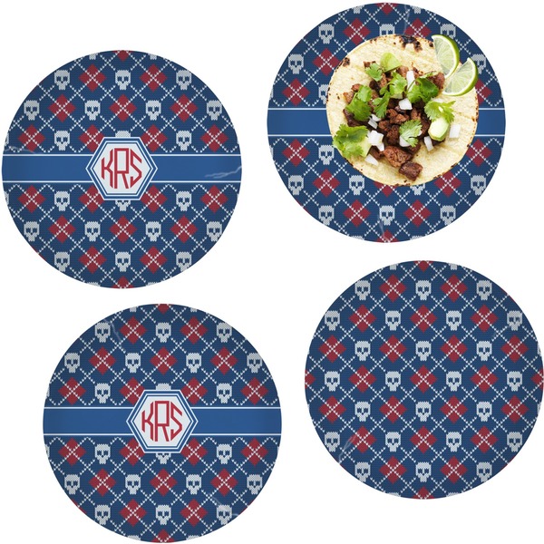 Custom Knitted Argyle & Skulls Set of 4 Glass Lunch / Dinner Plate 10" (Personalized)
