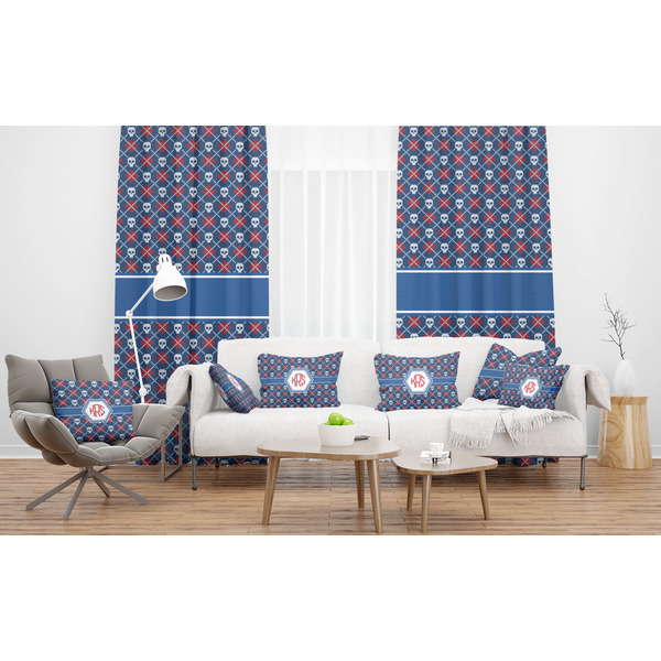 Knitted Argyle & Skulls Sheer and Custom Curtains in Room with Matching Pillows
