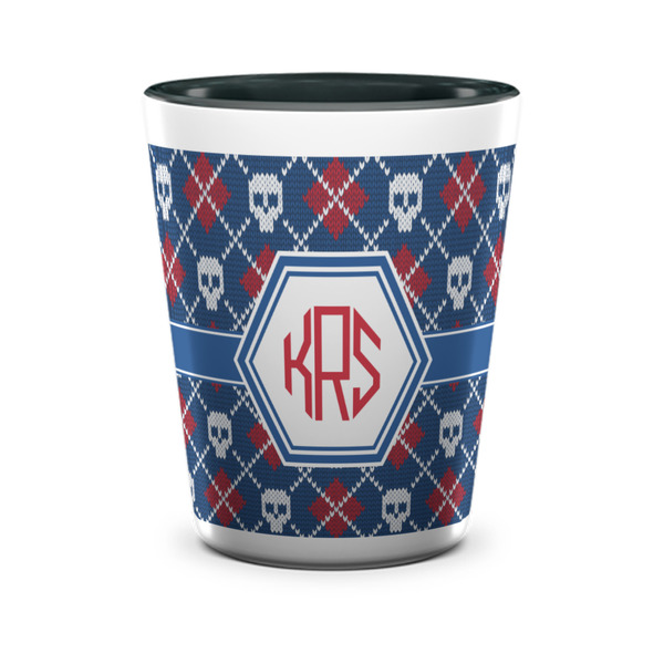 Custom Knitted Argyle & Skulls Ceramic Shot Glass - 1.5 oz - Two Tone - Set of 4 (Personalized)