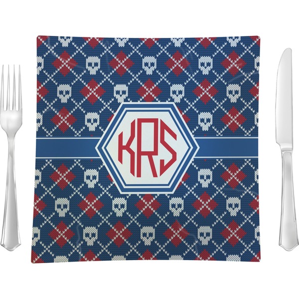 Custom Knitted Argyle & Skulls 9.5" Glass Square Lunch / Dinner Plate- Single or Set of 4 (Personalized)