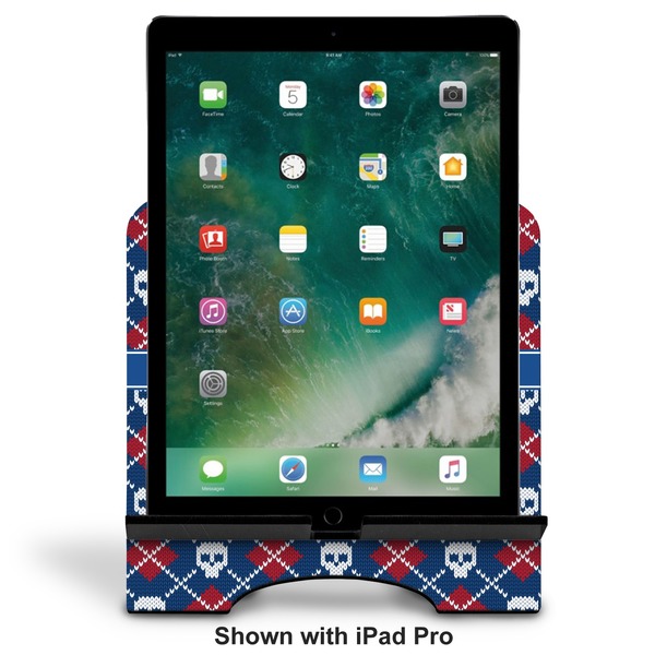 Knitted Argyle & Skulls Stylized Tablet Stand - Front with ipad
