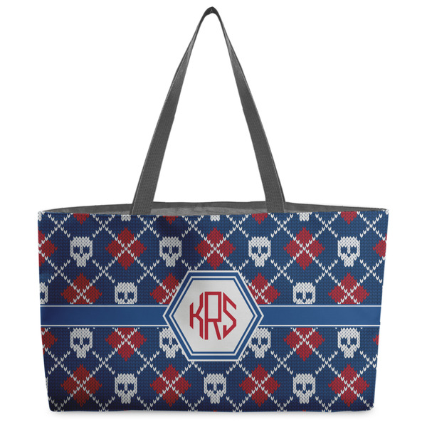 Custom Knitted Argyle & Skulls Beach Totes Bag - w/ Black Handles (Personalized)