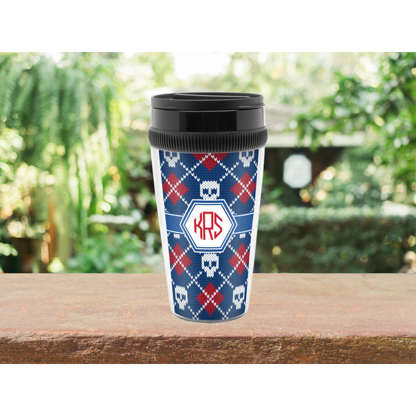 Knitted Argyle & Skulls Travel Mug Lifestyle (Personalized)