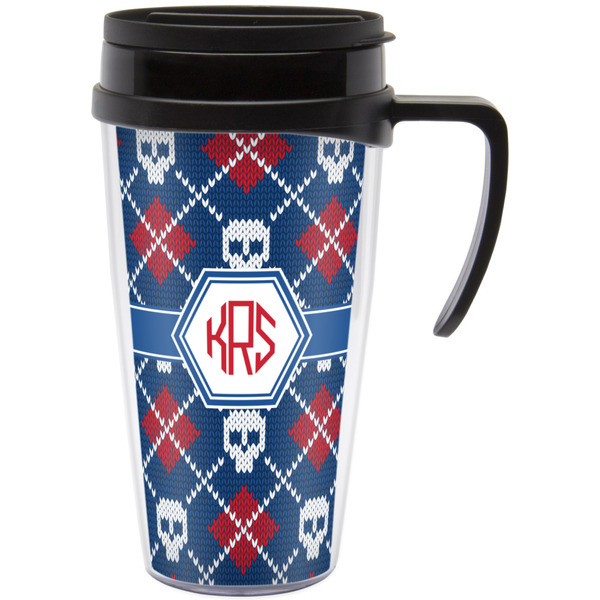 Custom Knitted Argyle & Skulls Acrylic Travel Mug with Handle (Personalized)
