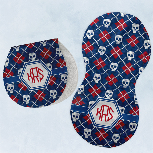 Custom Knitted Argyle & Skulls Burp Pads - Velour - Set of 2 w/ Monogram