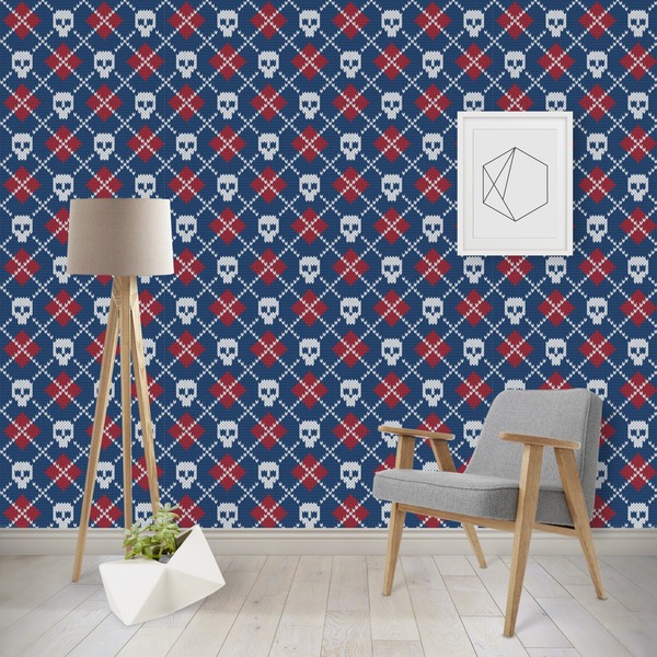 Custom Knitted Argyle & Skulls Wallpaper & Surface Covering (Water Activated - Removable)