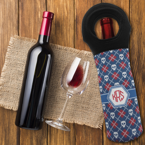 Knitted Argyle & Skulls Wine Tote Bag - FLATLAY