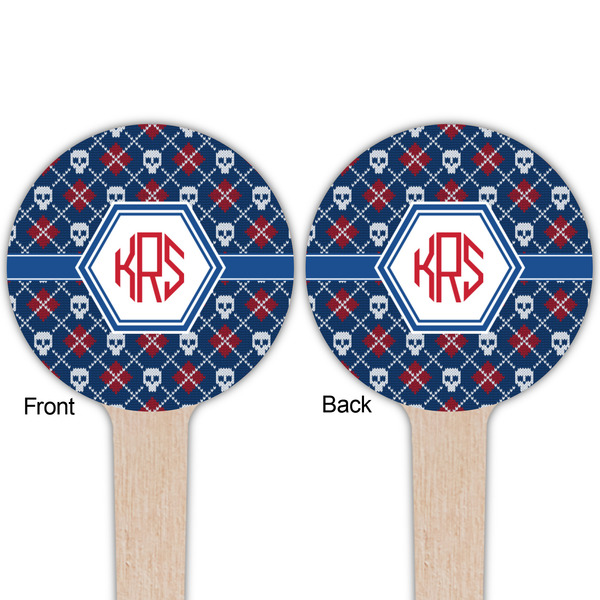 Knitted Argyle & Skulls Wooden 4" Food Pick - Round - Double Sided - Front & Back