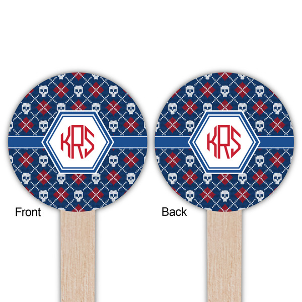 Knitted Argyle & Skulls Wooden 6" Food Pick - Round - Double Sided - Front & Back