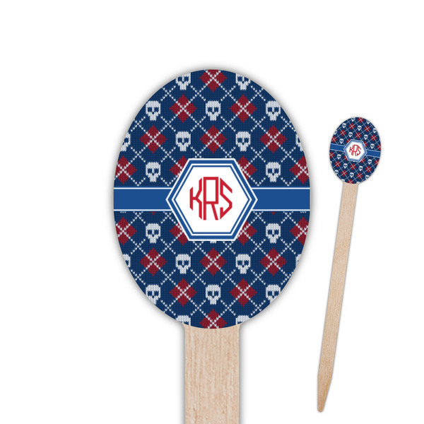 Custom Knitted Argyle & Skulls Oval Wooden Food Picks - Single Sided (Personalized)