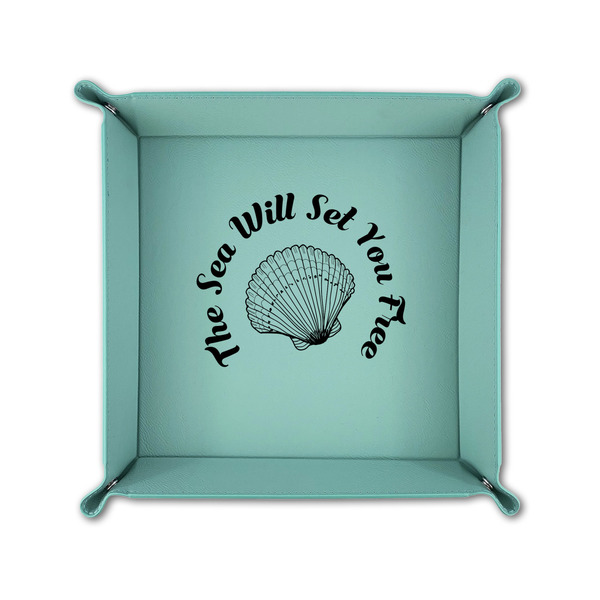 Sea Shells 6" x 6" Teal Leatherette Snap Up Tray - FOLDED UP