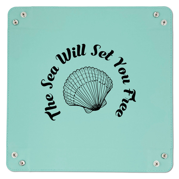 Sea Shells 9" x 9" Teal Leatherette Snap Up Tray - APPROVAL