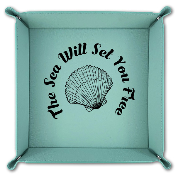 Sea Shells 9" x 9" Teal Leatherette Snap Up Tray - FOLDED