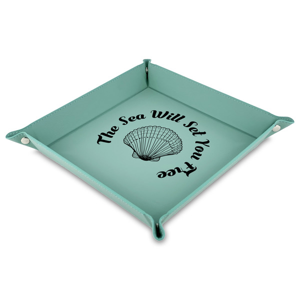 Custom Sea Shells Faux Leather Dice Tray - 9" x 9"  - Teal (Personalized)