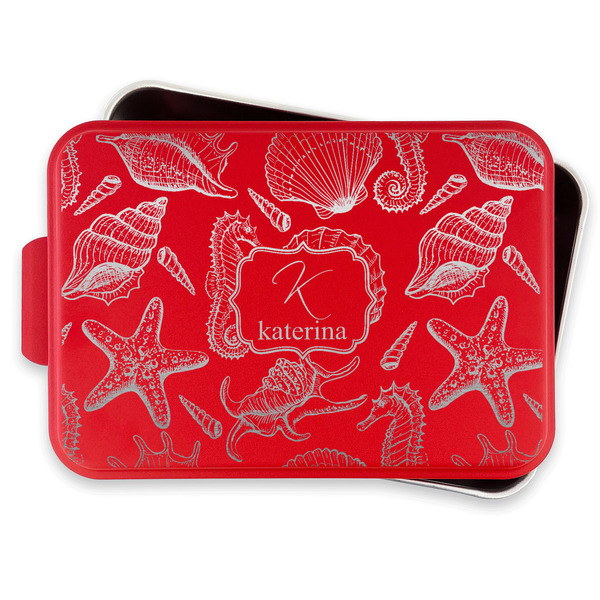 Sea Shells Aluminum Baking Pan - Red Lid - FRONT w/lif off
